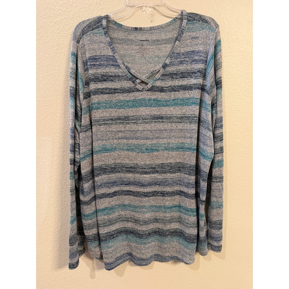 Sonoma Goods For Life Womens 1X Blue Striped Criss Cross V-Neck Long Sleeve Top